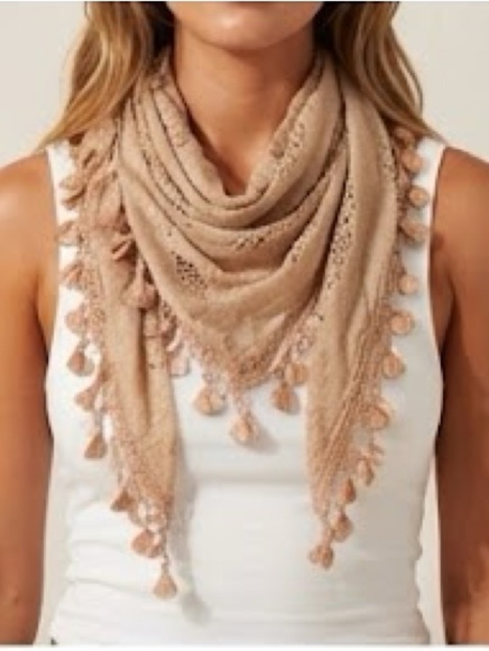Lace Tassel Triangle Scarf Shawl Wrap Beige Boho Bohemian